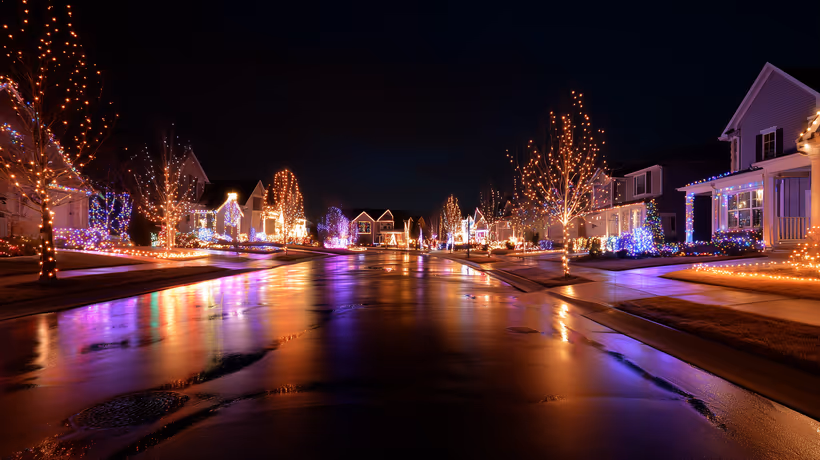 Home with warm white Christmas lights installed along the roofline at dusk